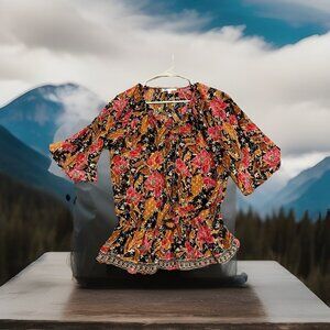 DR2 Floral Print Tie Neck Peplum Flowy Top‎ Size S - Bell Flutter Sleeves Boho